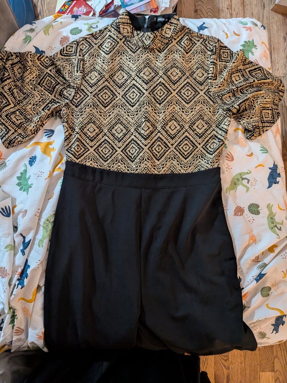 SHEIN Gold Geometric Metallic Mock Neck Wide Leg Jumpsuit - Size L